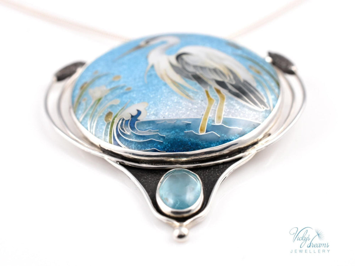 cloisonne enamel silver pendant with a heron