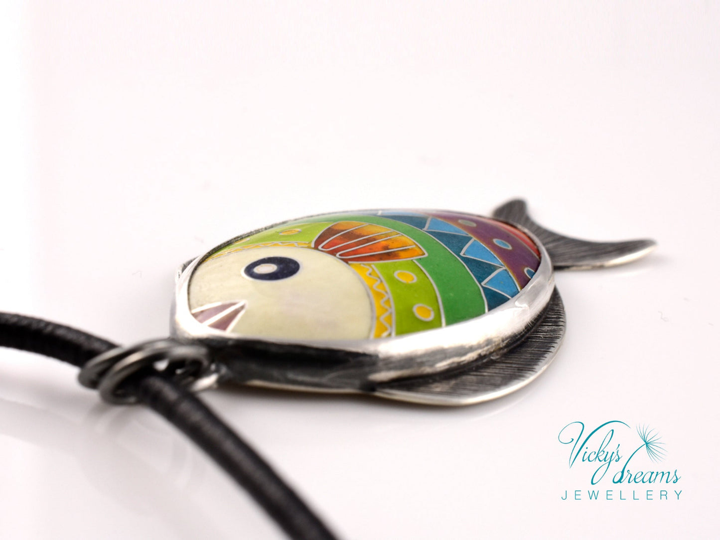 Handmade cloisonné enamel fish pendant in vibrant colors with sterling silver