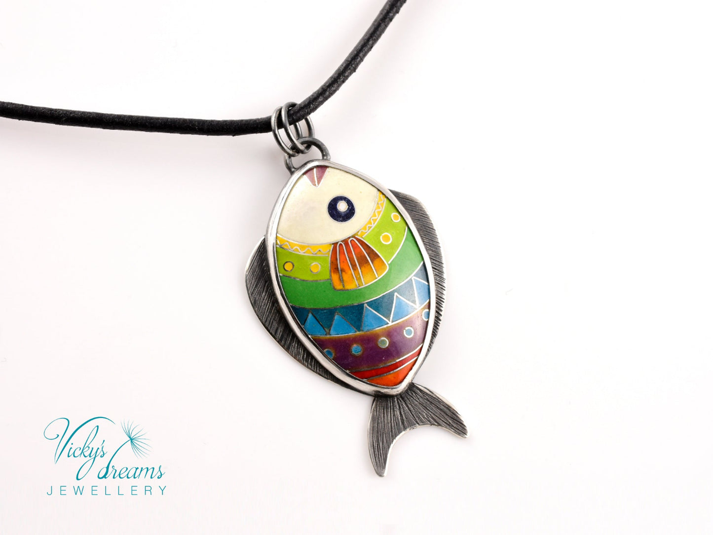 Handmade cloisonné enamel fish pendant in vibrant colors with sterling silver