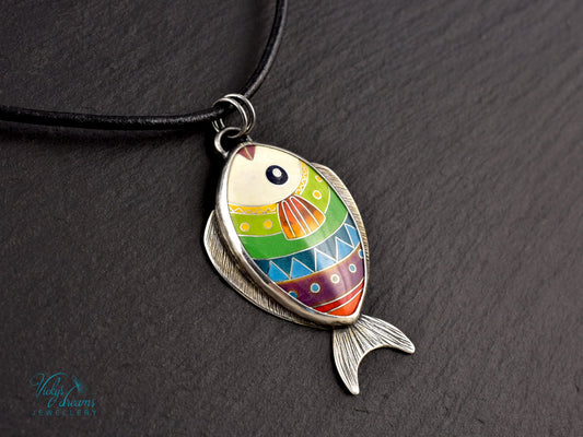 Handmade cloisonné enamel fish pendant in vibrant colors with sterling silver
