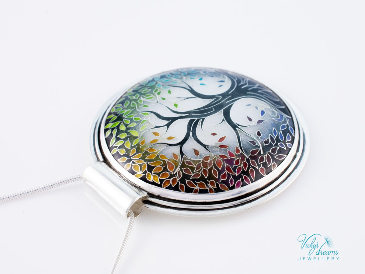 handmade cloisonne tree pendant sterling silver