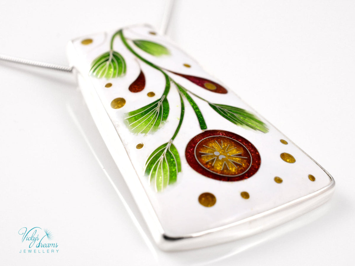 Handmade cloisonné enamel floral pendant on sterling silver necklace, vibrant botanical design