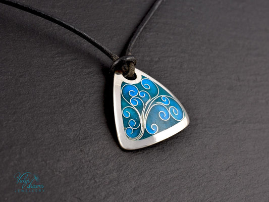 Flower Tendrills Blue Triangle Cloisonné Enamel Pendant - Handmade Sterling Silver Jewelry