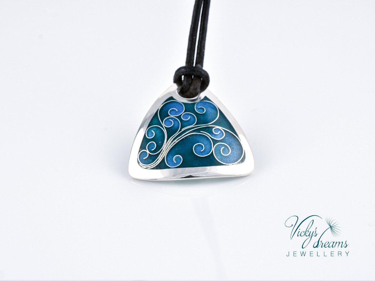 Flower Tendrills Blue Triangle Cloisonné Enamel Pendant - Handmade Sterling Silver Jewelry