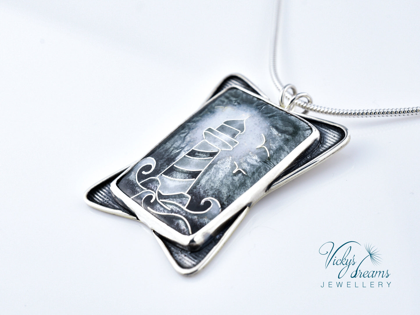 gray lighthouse Cloisonné enamel pendant