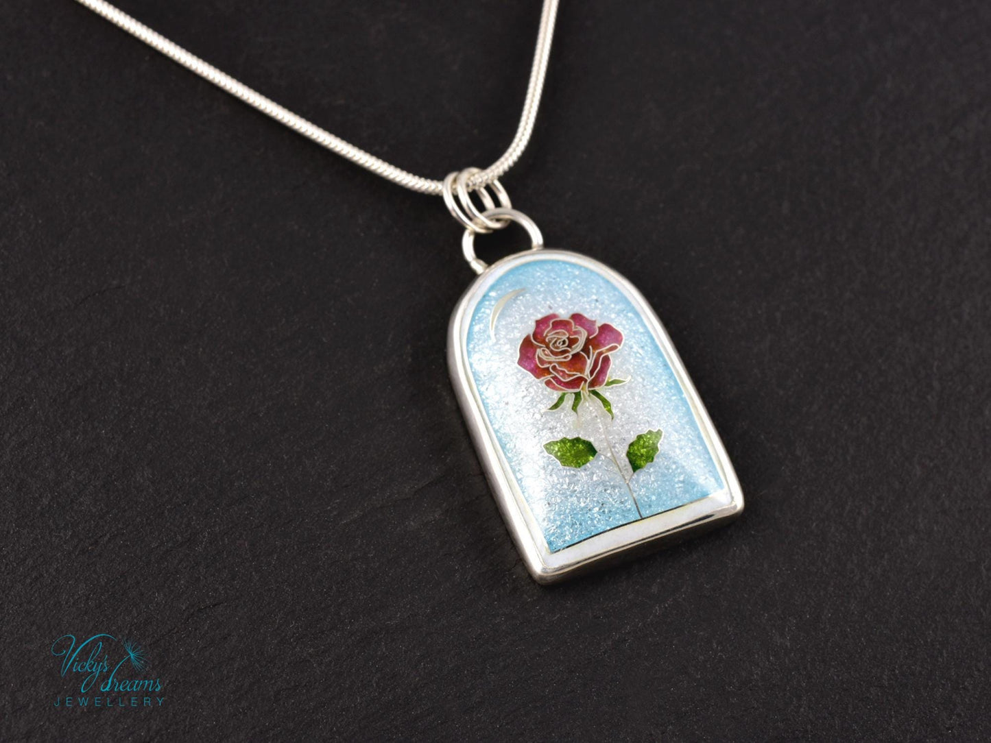 Handcrafted cloisonné enamel The Little Prince rose pendant on sterling silver
