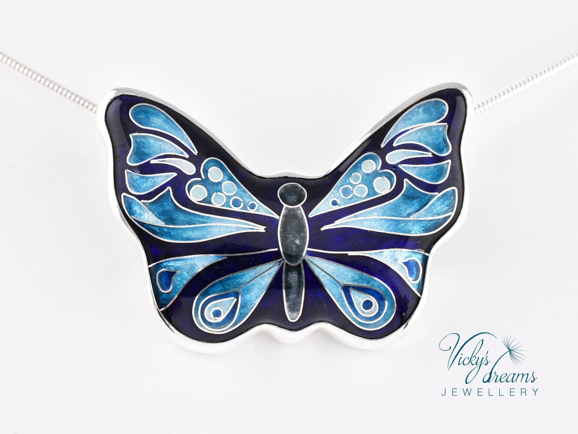 Handmade cloisonné butterfly pendant with antiqued sterling silver and red copper base