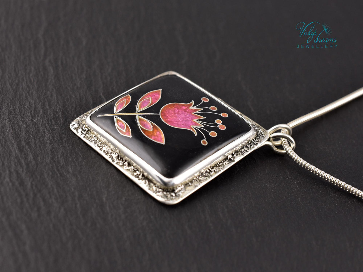 Delicate Pink Flower Cloisonne Pendant Necklace - Minimalist Enamel Sterling Silver Jewelry for Quiet Elegance