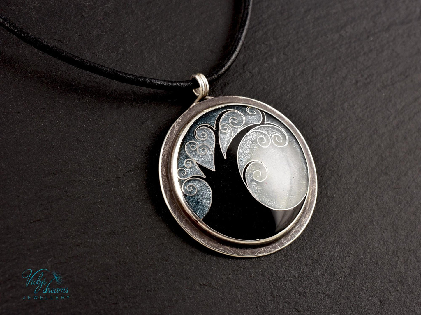 Elegant Black Cloisonne Enamel Tree Necklace Pendant