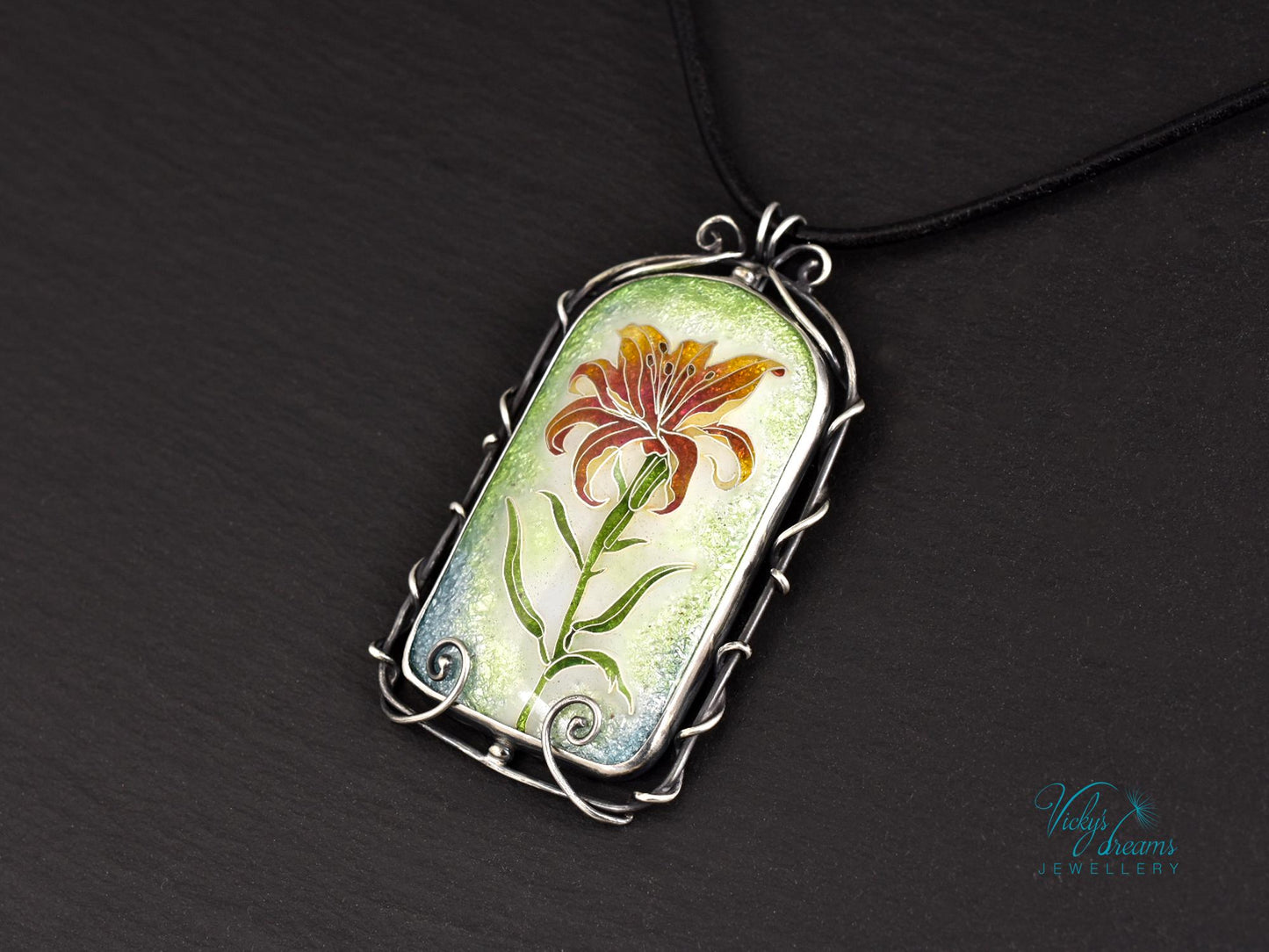 Elegant Fire Lily Enamel Pendant - Handcrafted Nature-Inspired Necklace for Botanical Enthusiasts