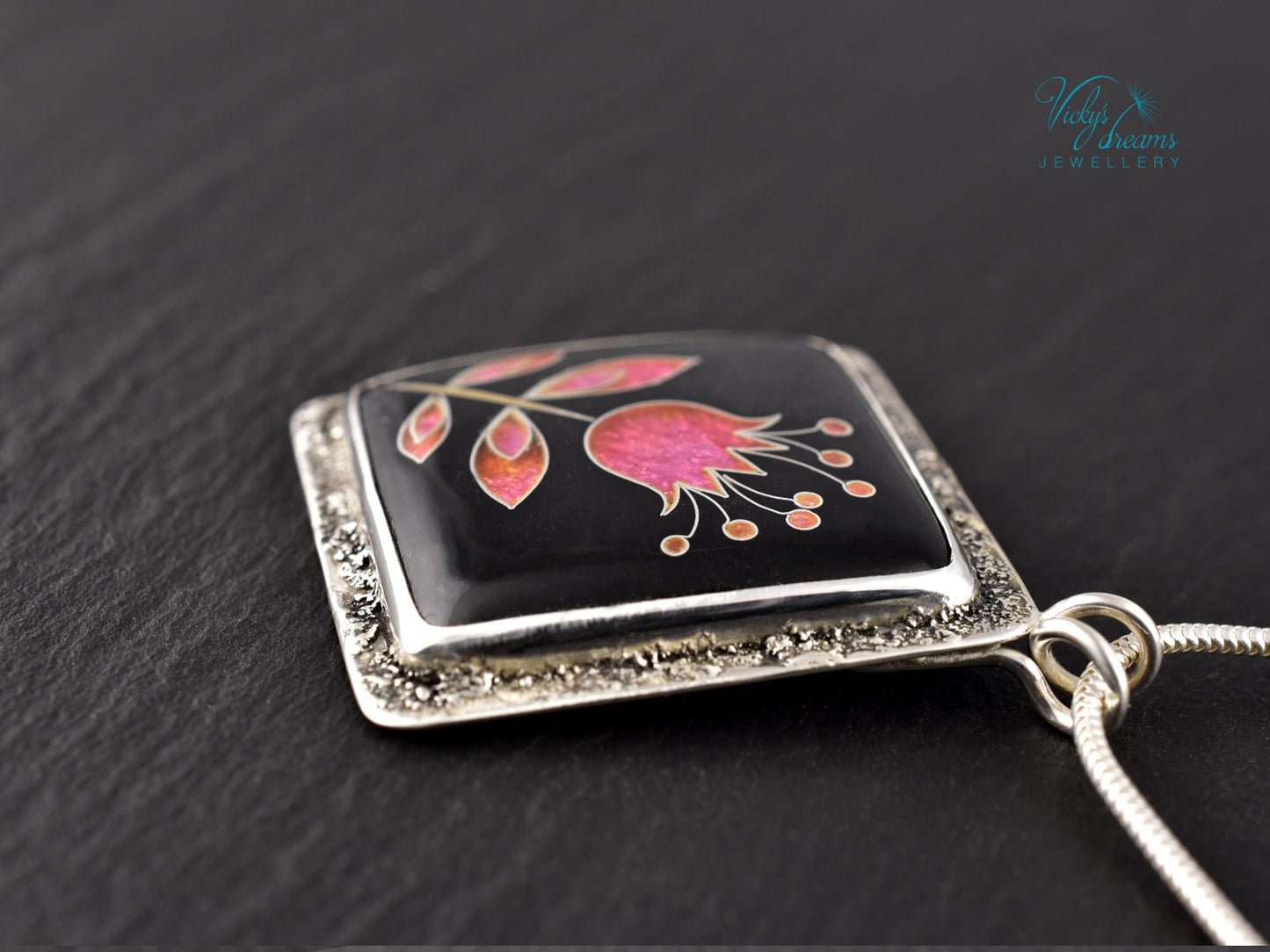 Delicate Pink Flower Cloisonne Pendant Necklace - Minimalist Enamel Sterling Silver Jewelry for Quiet Elegance
