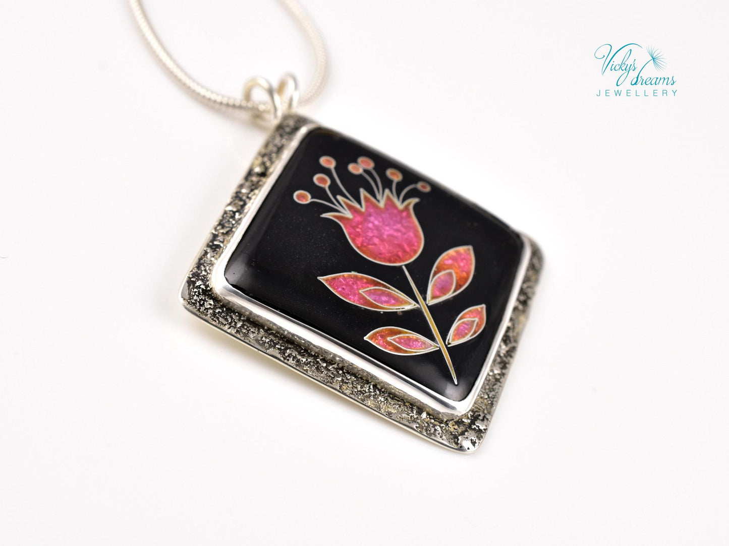 Delicate Pink Flower Cloisonne Pendant Necklace - Minimalist Enamel Sterling Silver Jewelry for Quiet Elegance