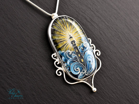 Handmade cloisonné lighthouse pendant necklace in sterling silver
