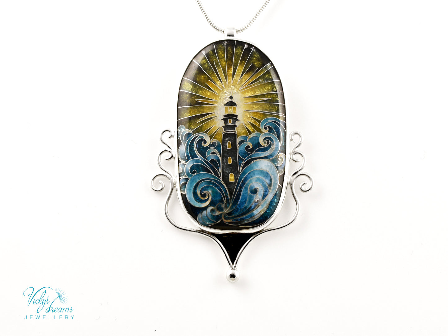 Handmade cloisonné lighthouse pendant necklace in sterling silver