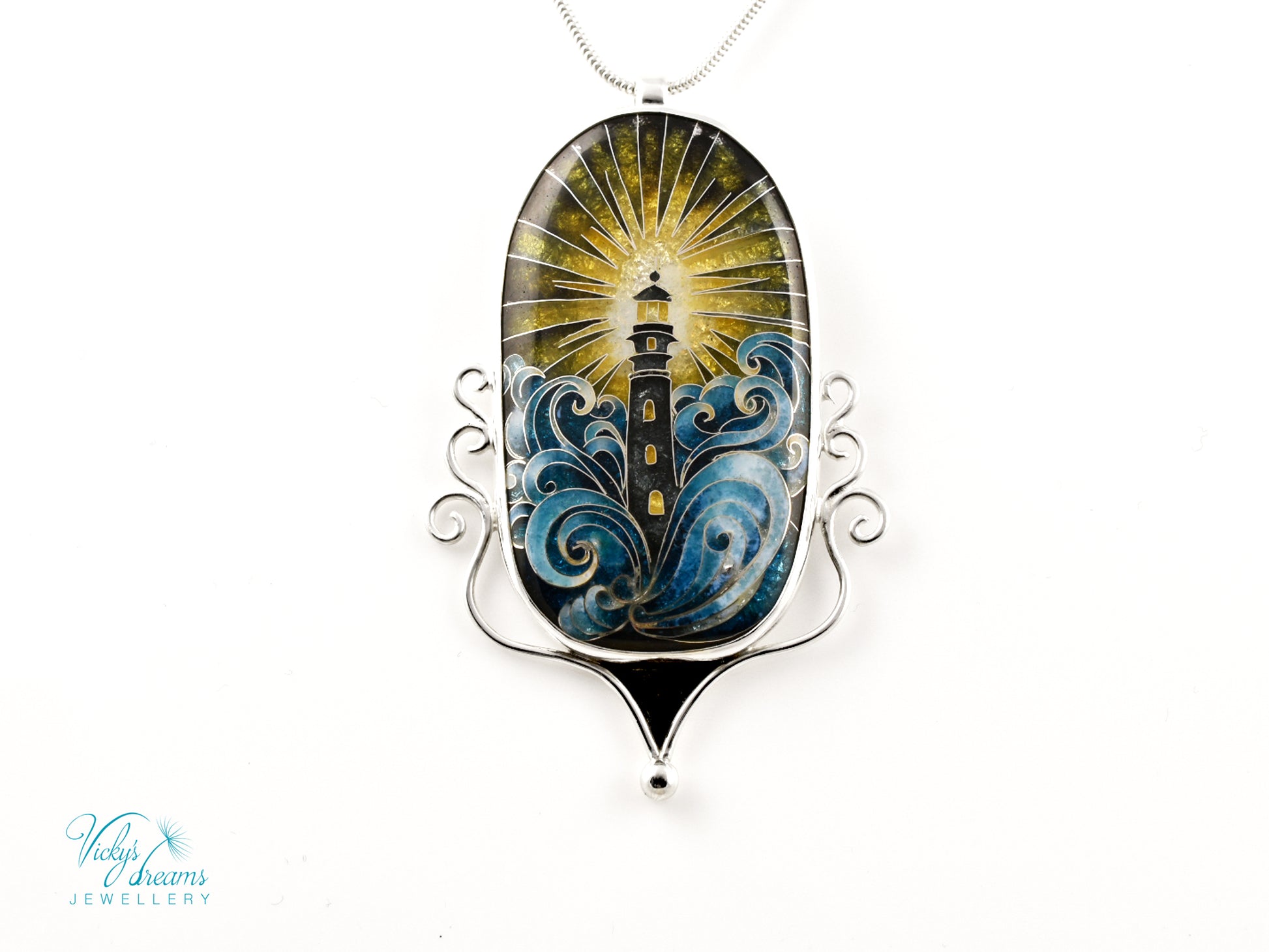 Handmade cloisonné lighthouse pendant necklace in sterling silver