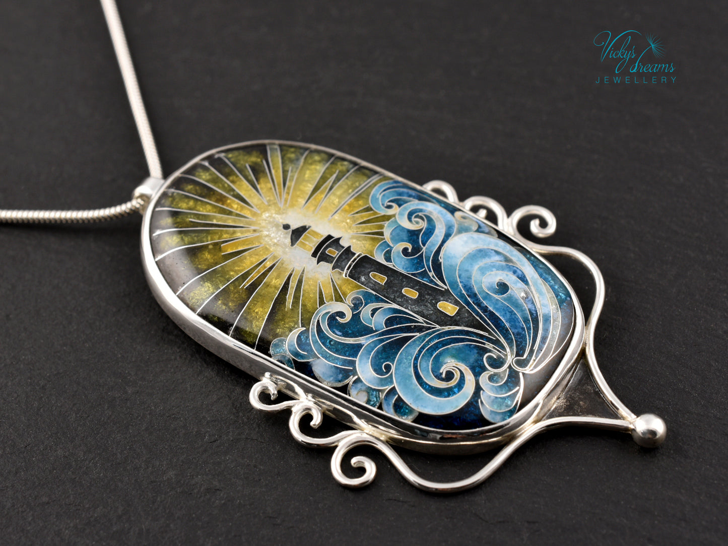 Handmade cloisonné lighthouse pendant necklace in sterling silver