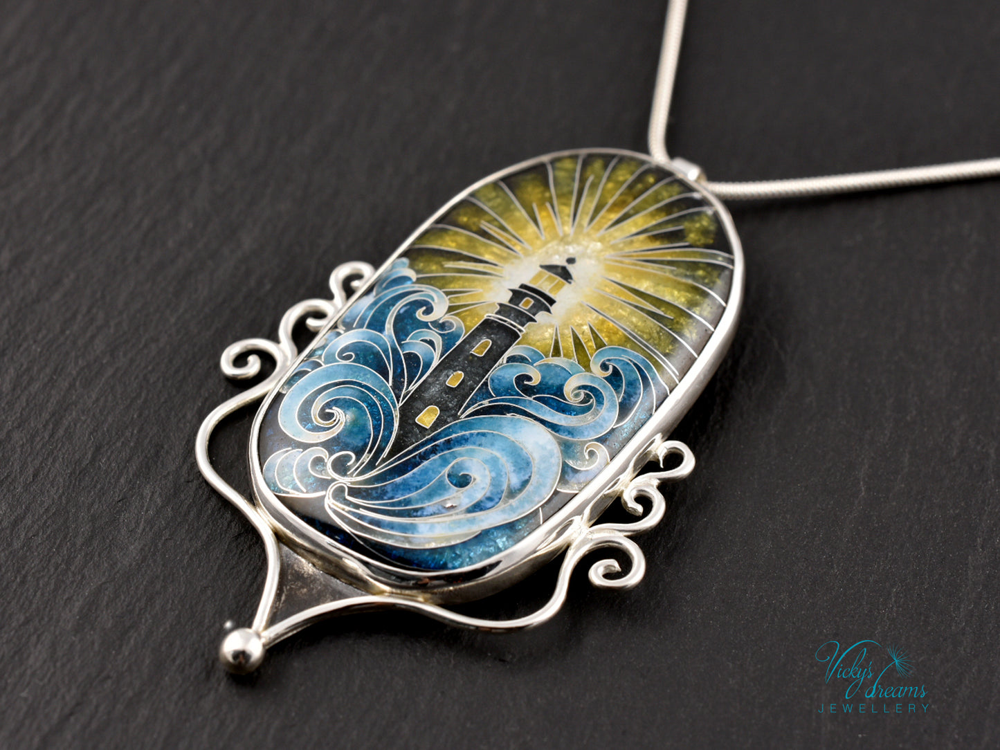 Handmade cloisonné lighthouse pendant necklace in sterling silver