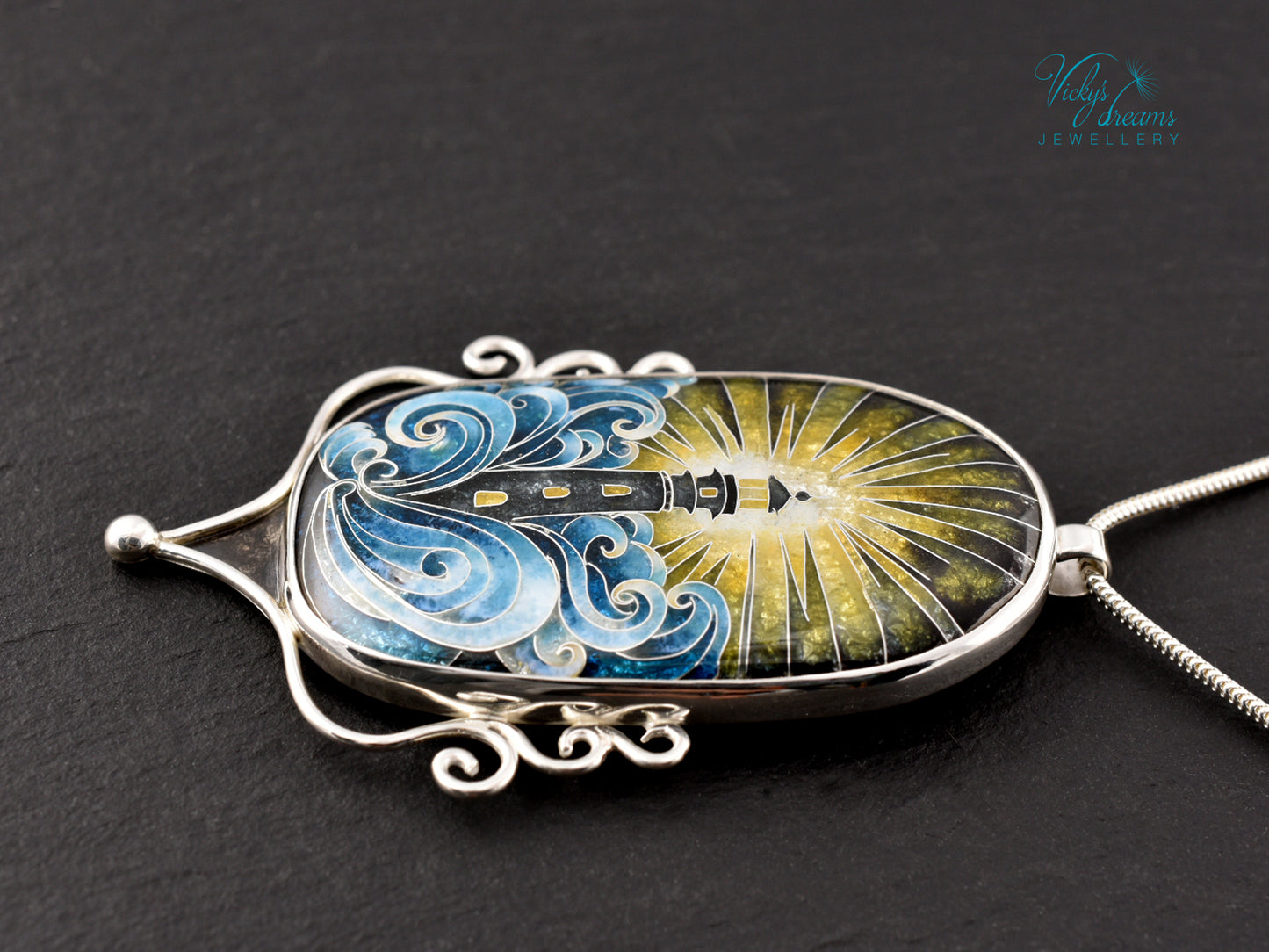 Handmade cloisonné lighthouse pendant necklace in sterling silver