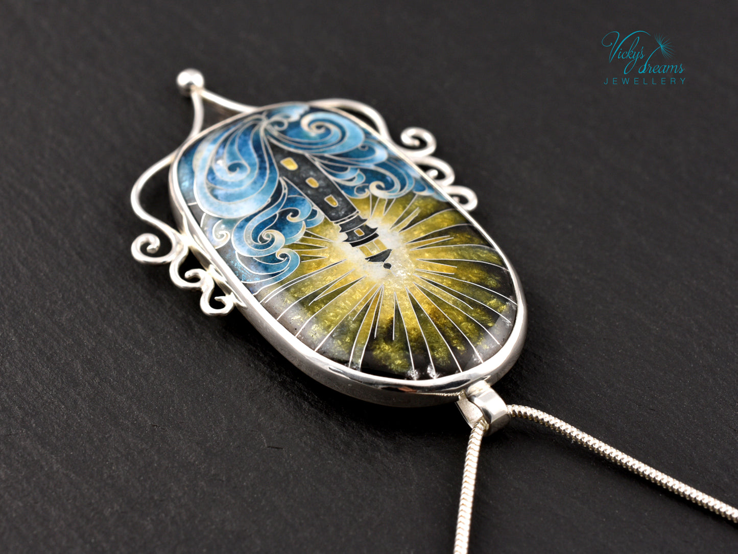 Handmade cloisonné lighthouse pendant necklace in sterling silver