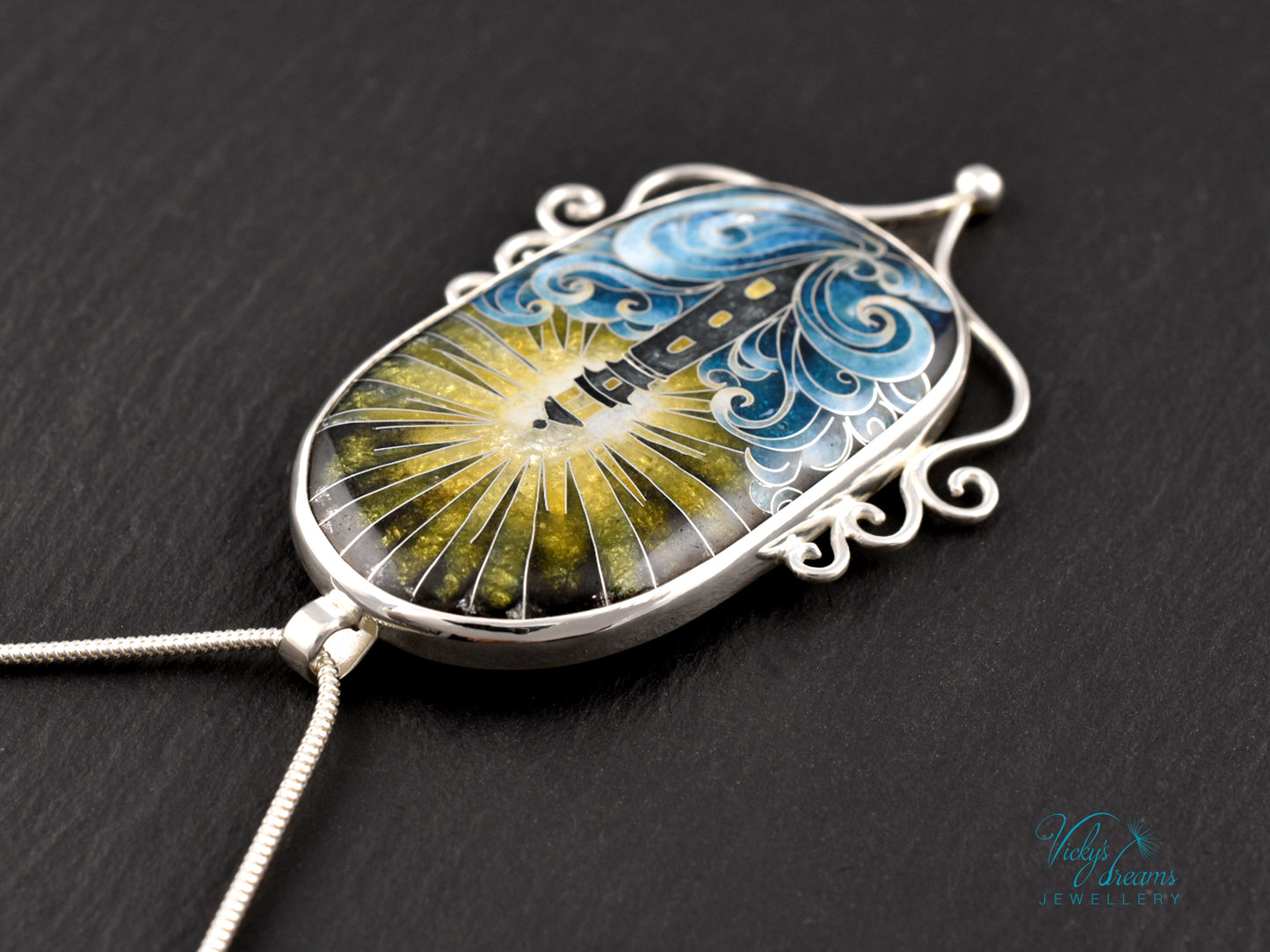 Handmade cloisonné lighthouse pendant necklace in sterling silver