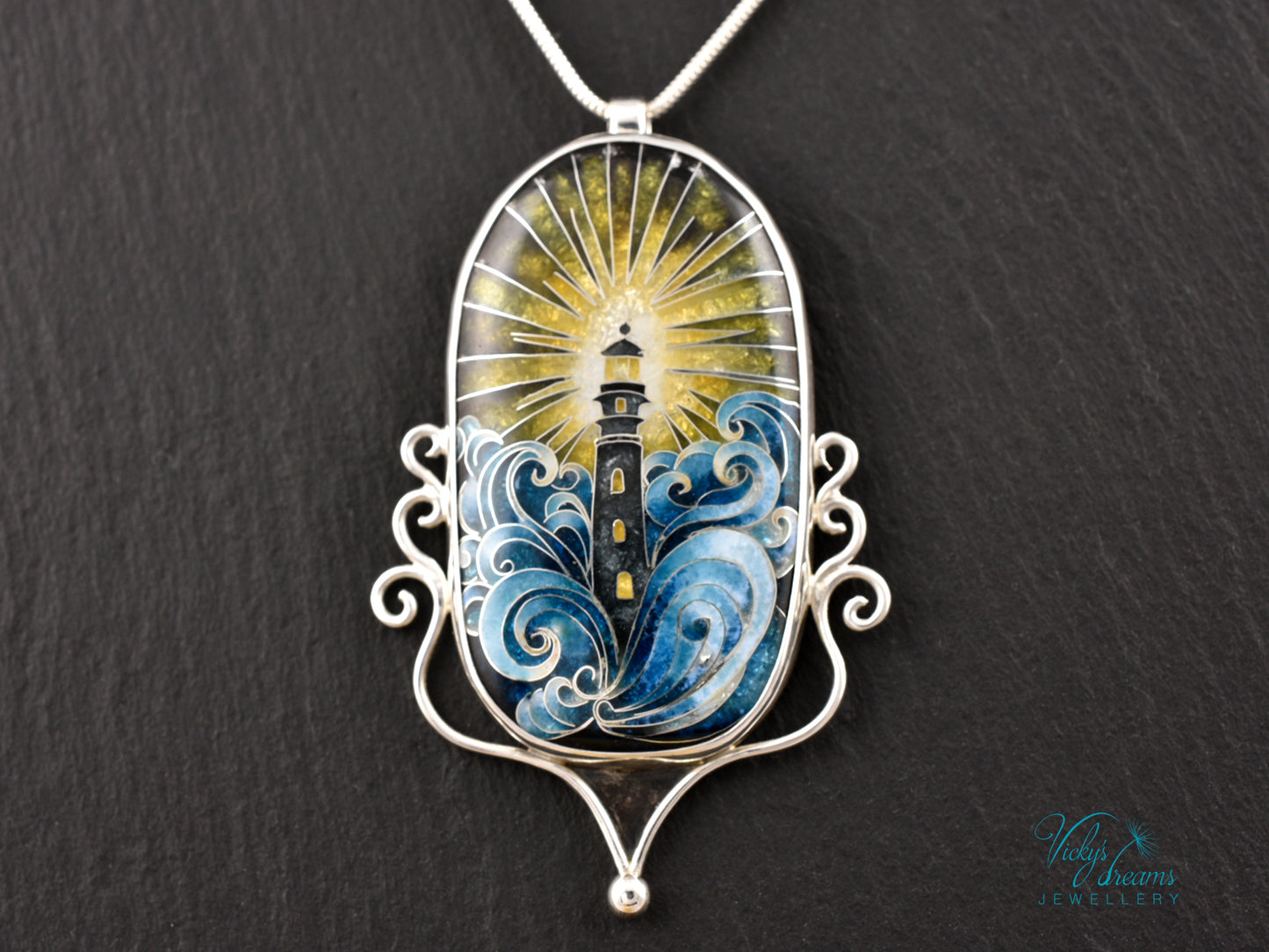 Handmade cloisonné lighthouse pendant necklace in sterling silver