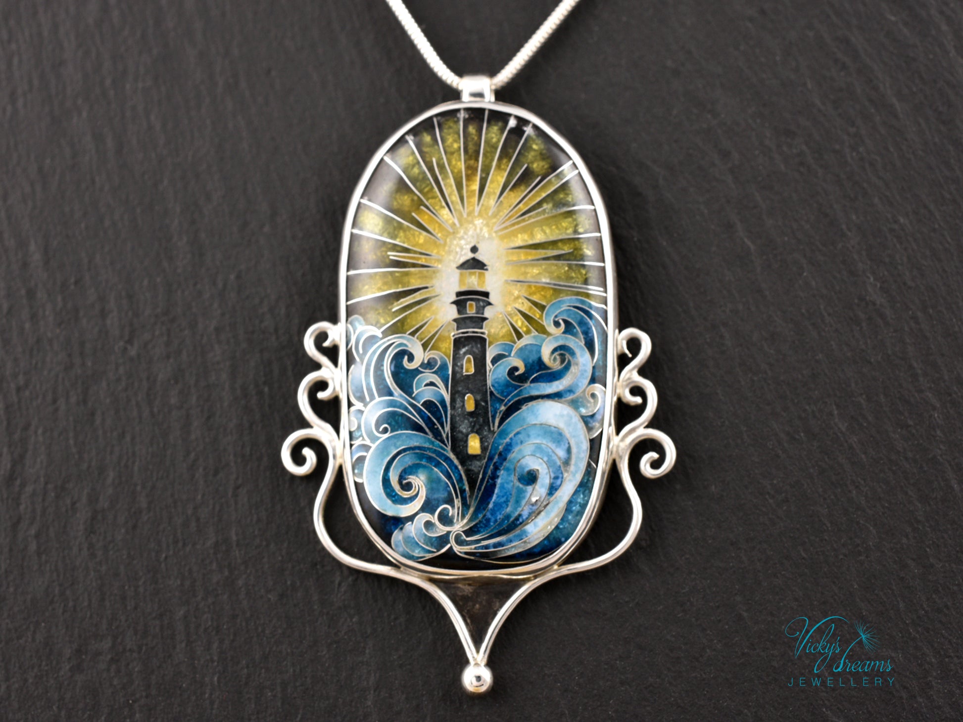 Handmade cloisonné lighthouse pendant necklace in sterling silver
