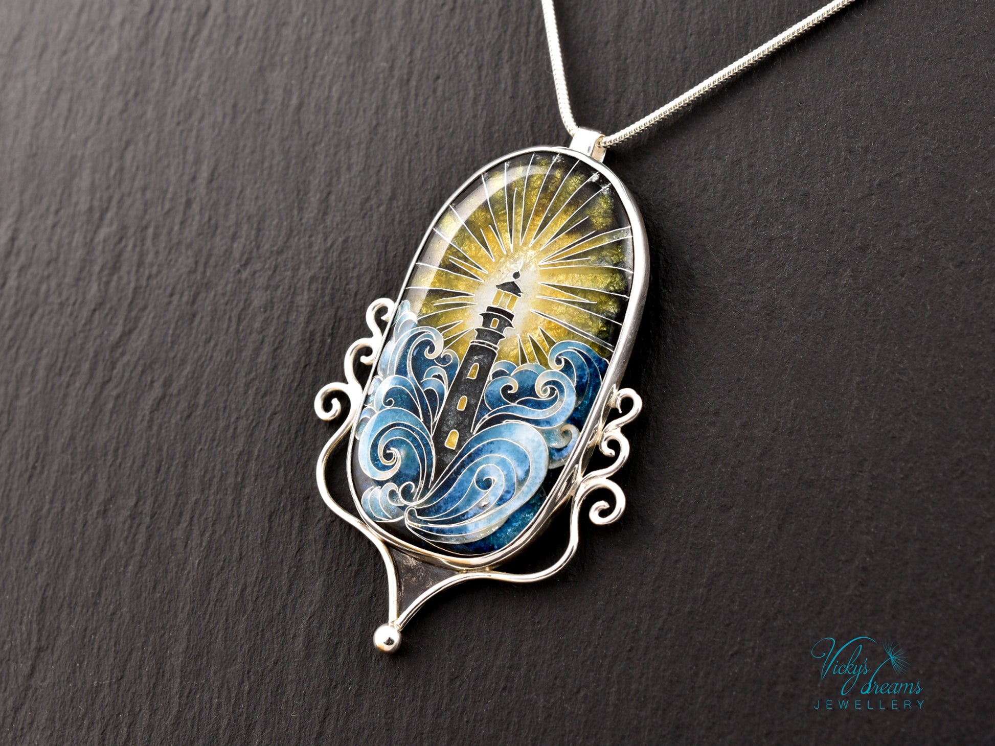Handmade cloisonné lighthouse pendant necklace in sterling silver