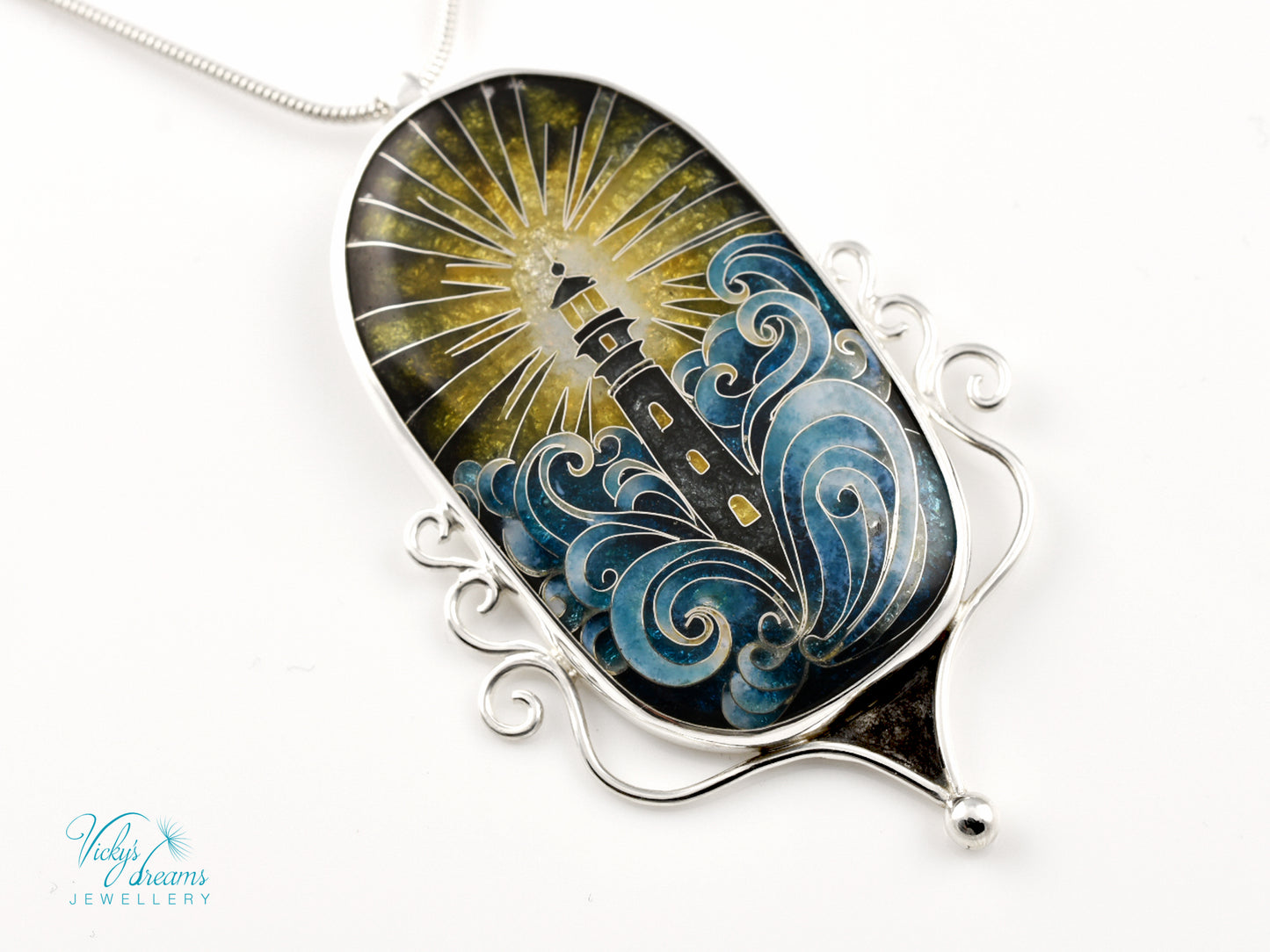 Handmade cloisonné lighthouse pendant necklace in sterling silver
