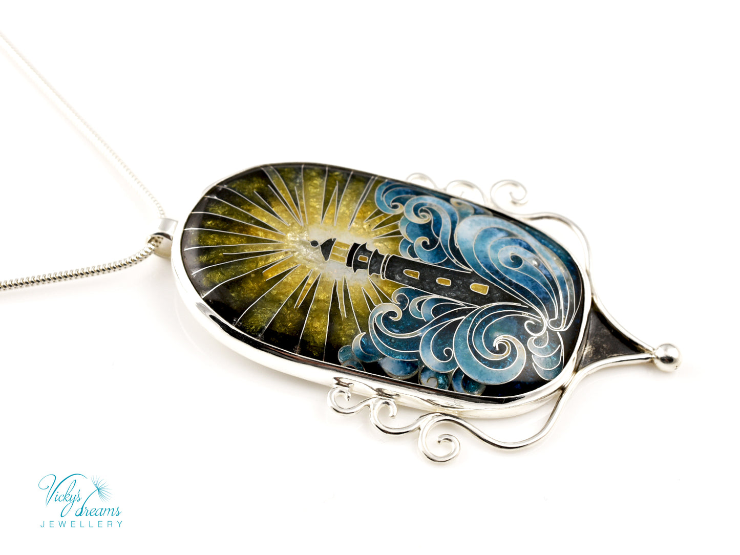 Handmade cloisonné lighthouse pendant necklace in sterling silver