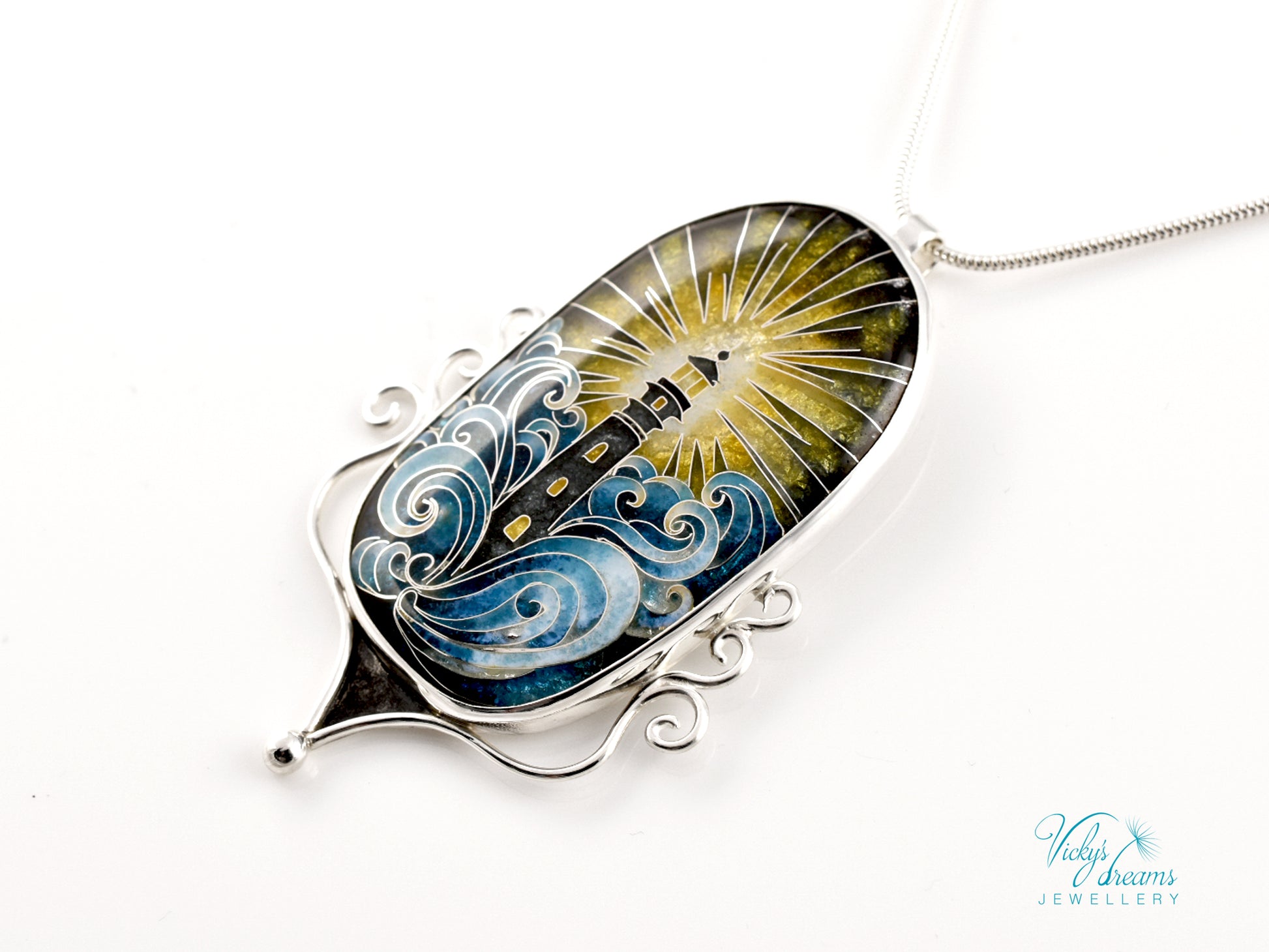 Handmade cloisonné lighthouse pendant necklace in sterling silver