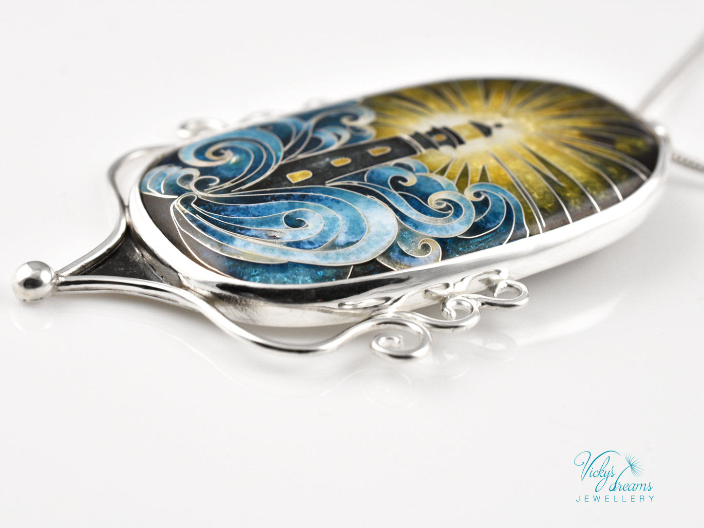 Handmade cloisonné lighthouse pendant necklace in sterling silver