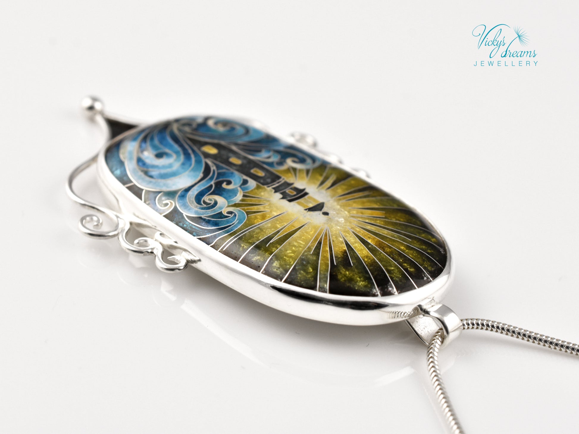 Handmade cloisonné lighthouse pendant necklace in sterling silver