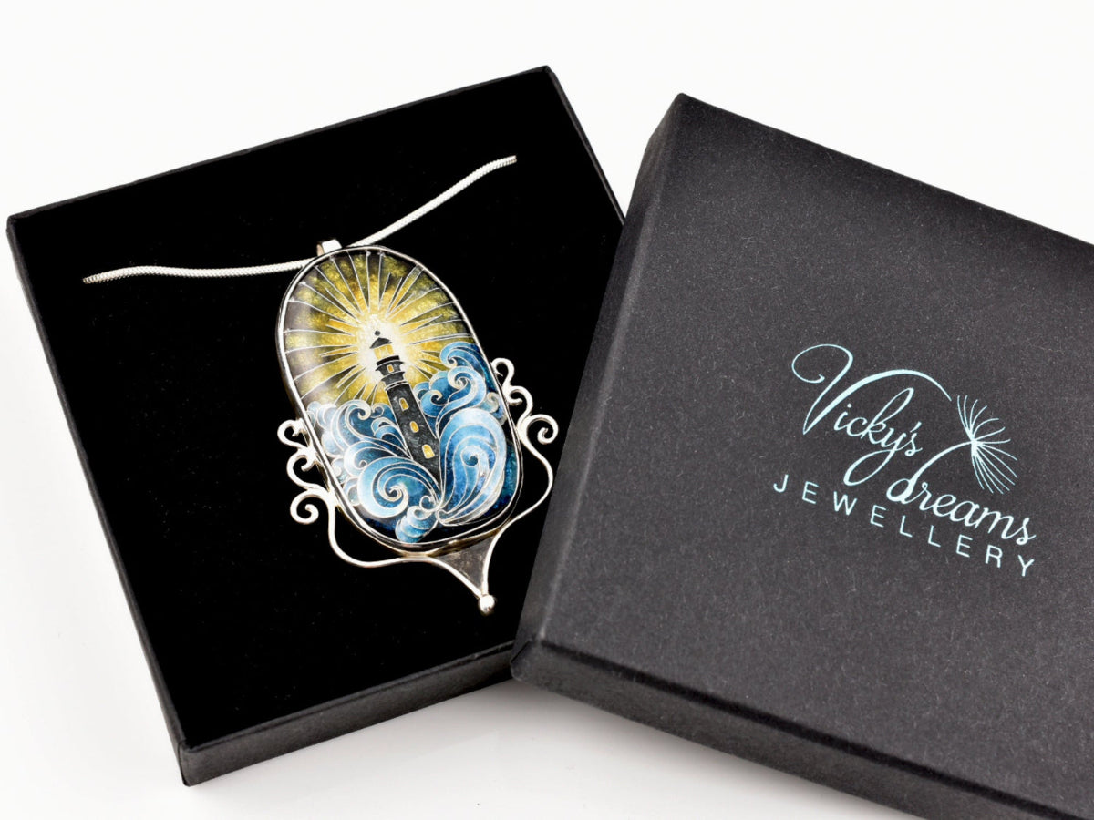 Handmade cloisonné lighthouse pendant necklace in sterling silver