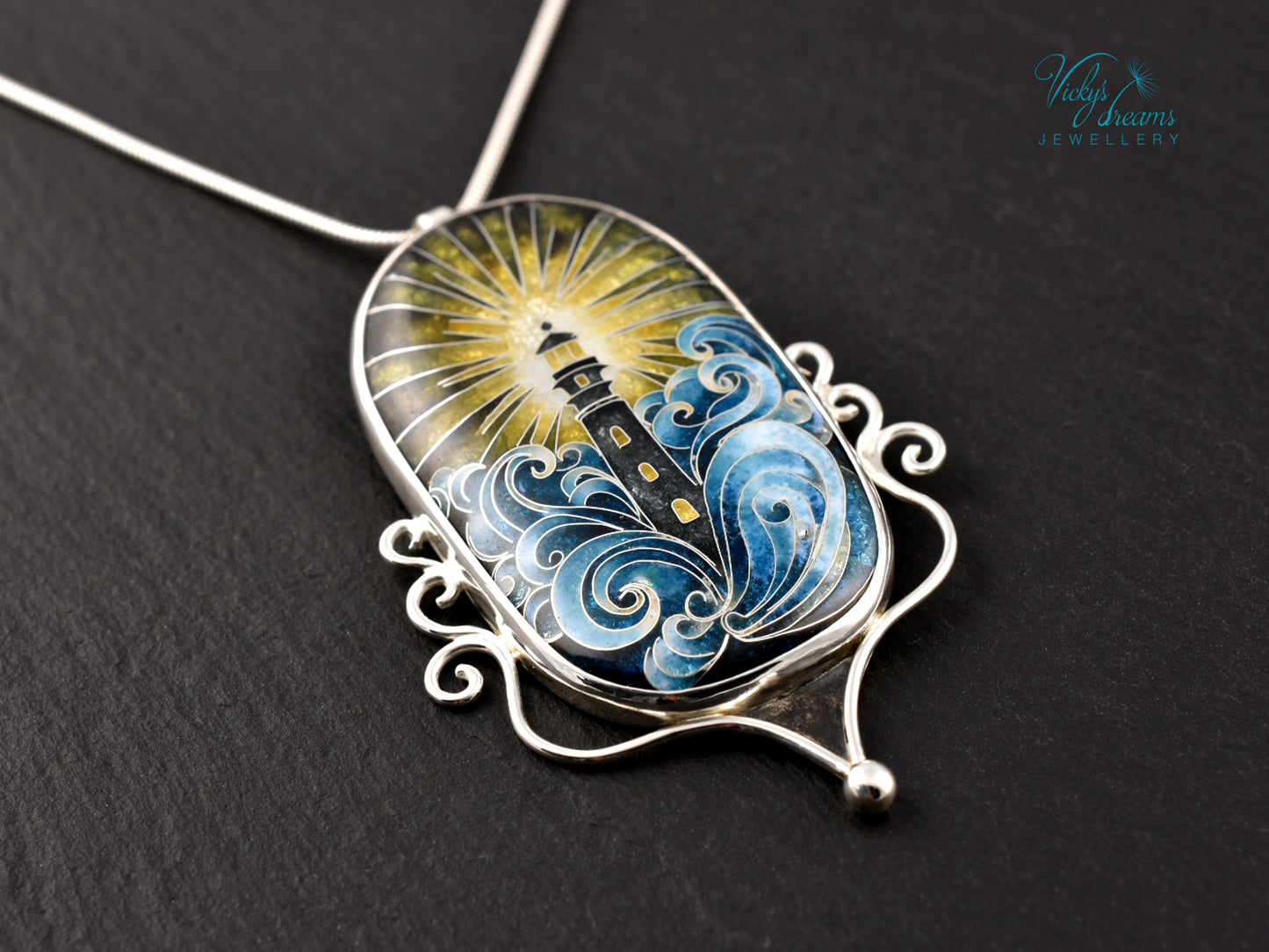 Handmade cloisonné lighthouse pendant necklace in sterling silver