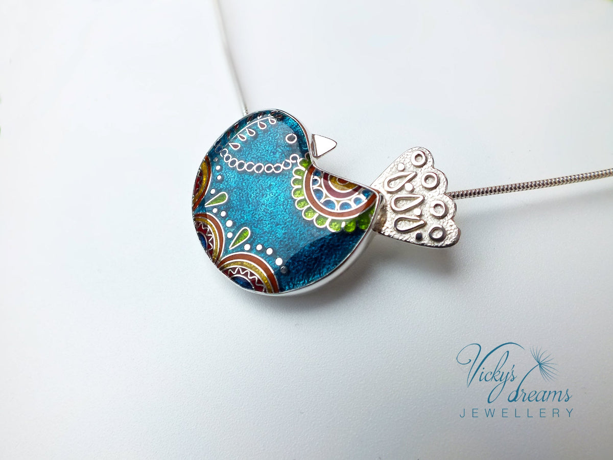 coisonne enamel, colorful bird design pendant