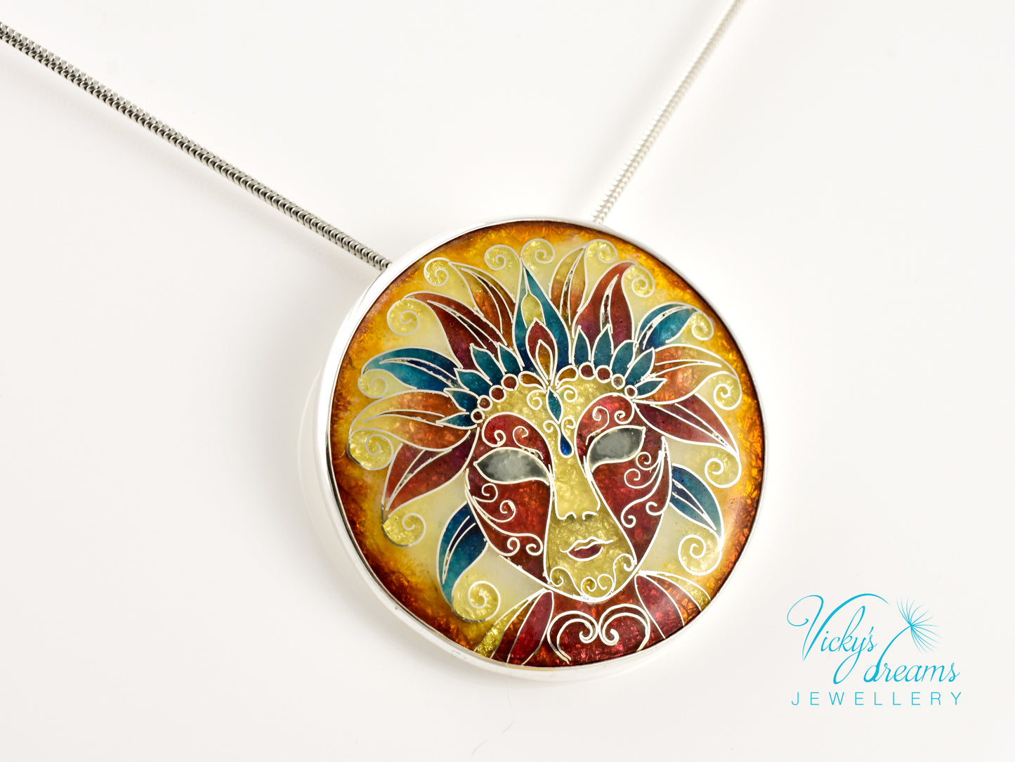 Sterling Silver Enamel Necklace with Vibrant Cloisonne Mask