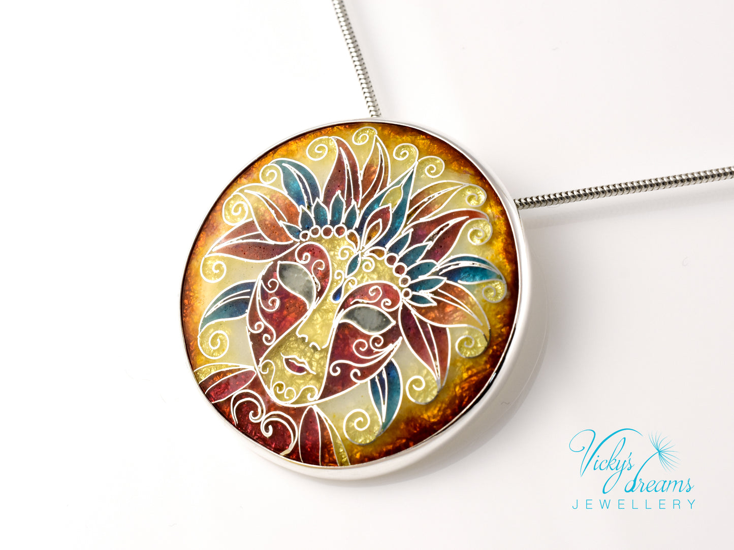 Sterling Silver Enamel Necklace with Vibrant Cloisonne Mask