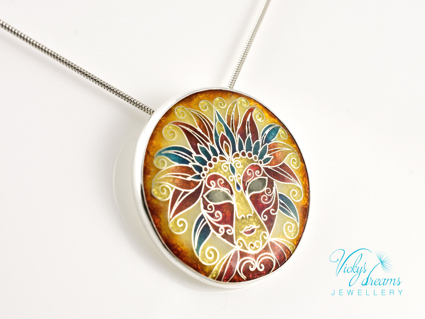 Sterling Silver Enamel Necklace with Vibrant Cloisonne Mask