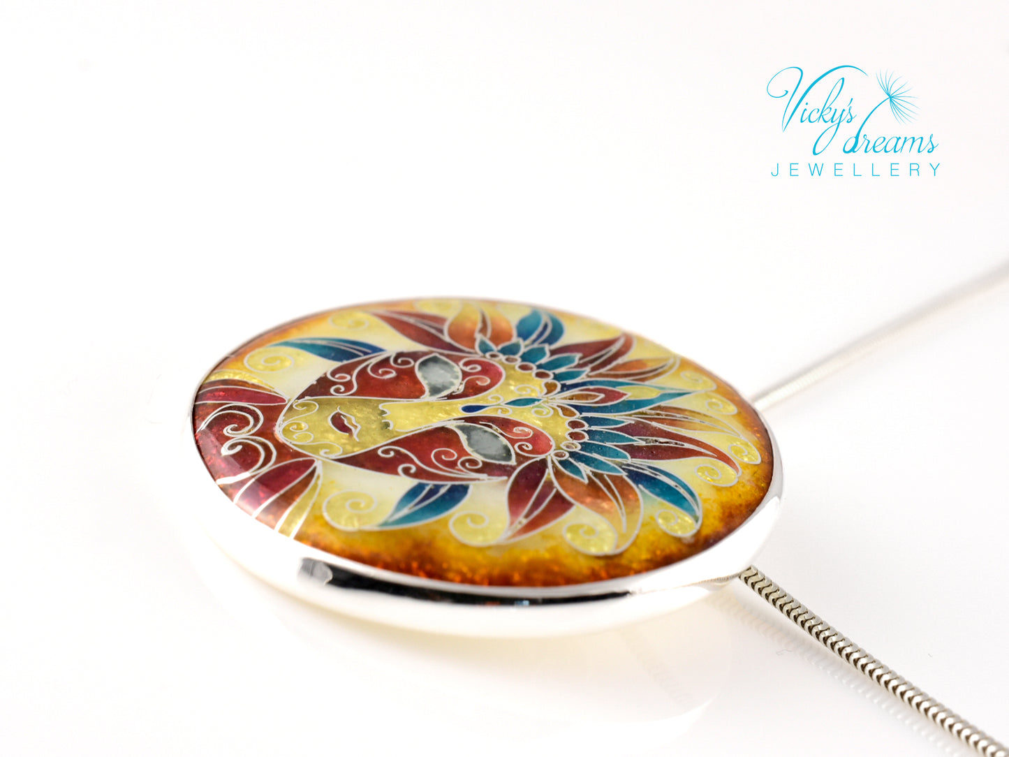 Sterling Silver Enamel Necklace with Vibrant Cloisonne Mask
