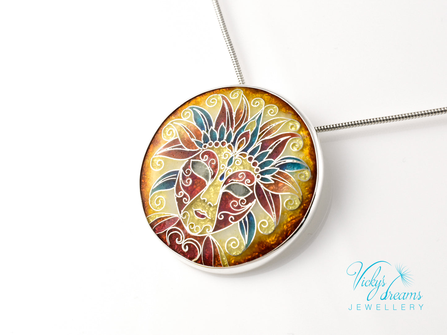 Sterling Silver Enamel Necklace with Vibrant Cloisonne Mask