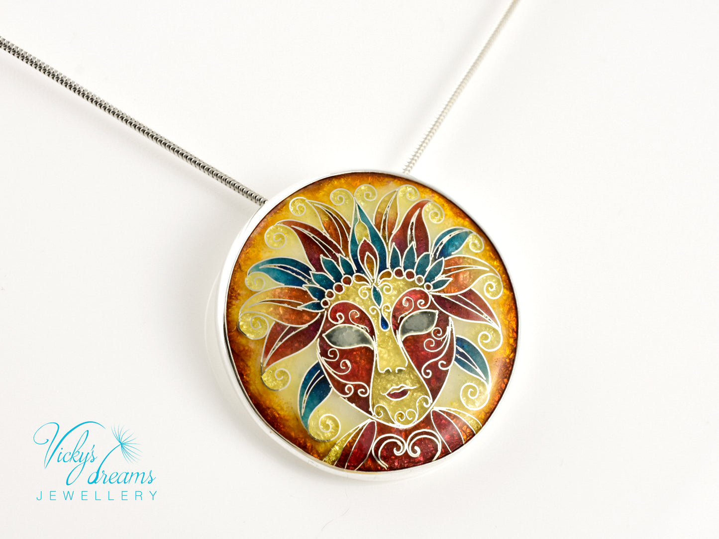 Sterling Silver Enamel Necklace with Vibrant Cloisonne Mask