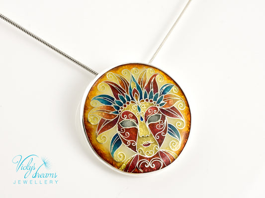 Sterling Silver Enamel Necklace with Vibrant Cloisonne Mask