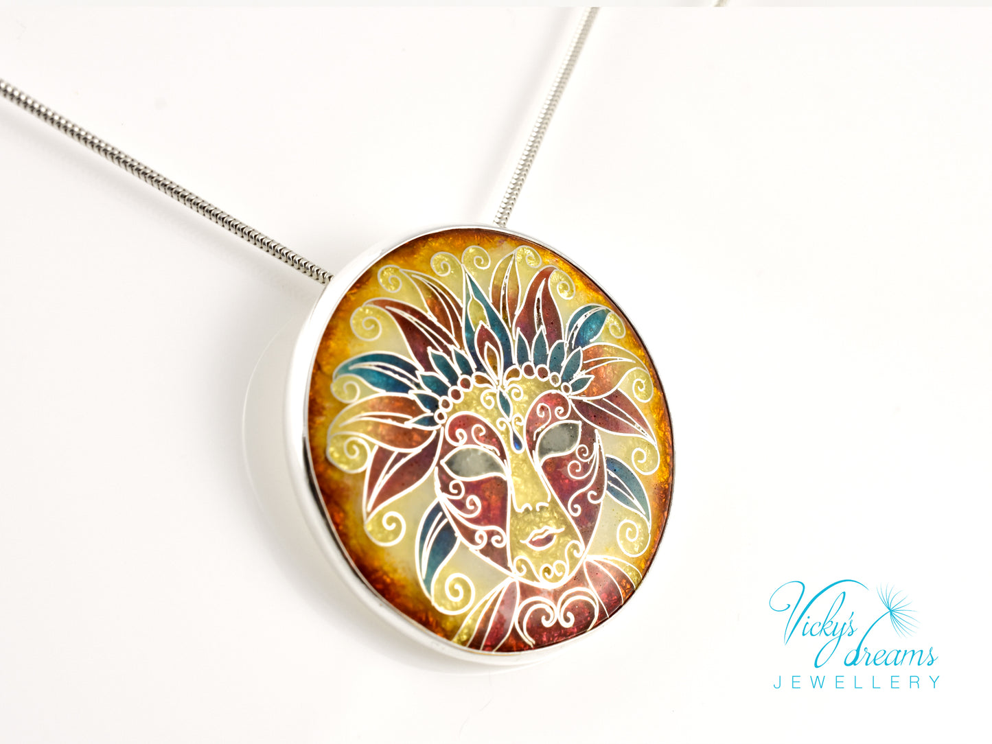 Sterling Silver Enamel Necklace with Vibrant Cloisonne Mask