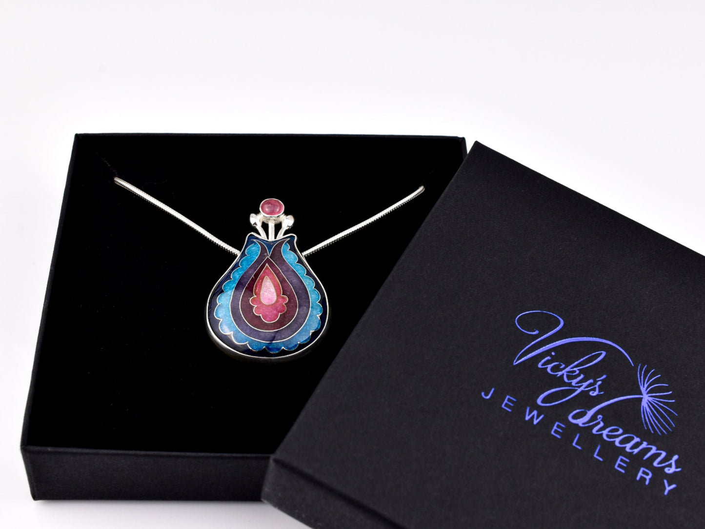 Handmade cloisonné enamel folk motif flower pendant with pink Tourmaline in sterling silver