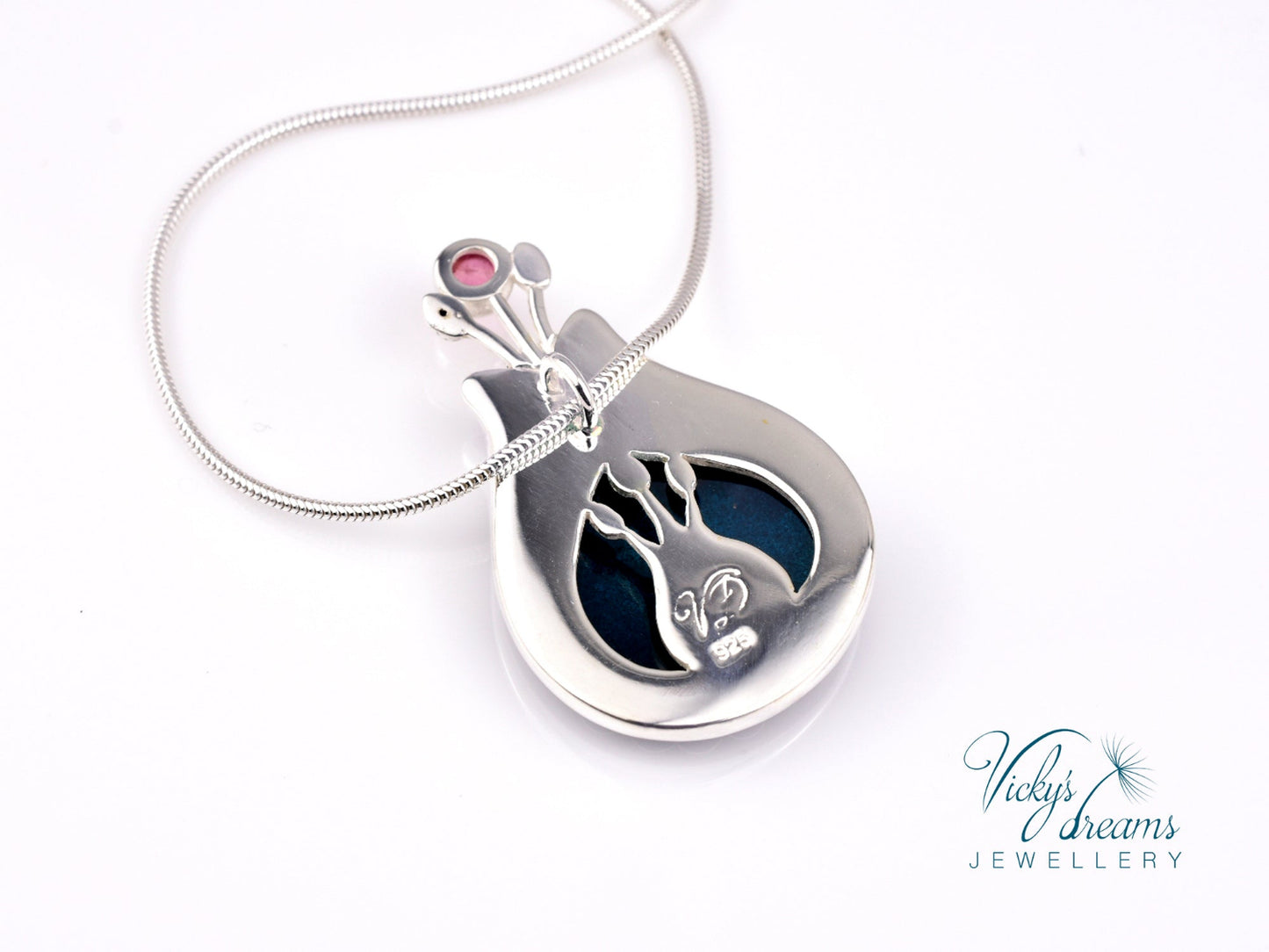 Handmade cloisonné enamel folk motif flower pendant with pink Tourmaline in sterling silver