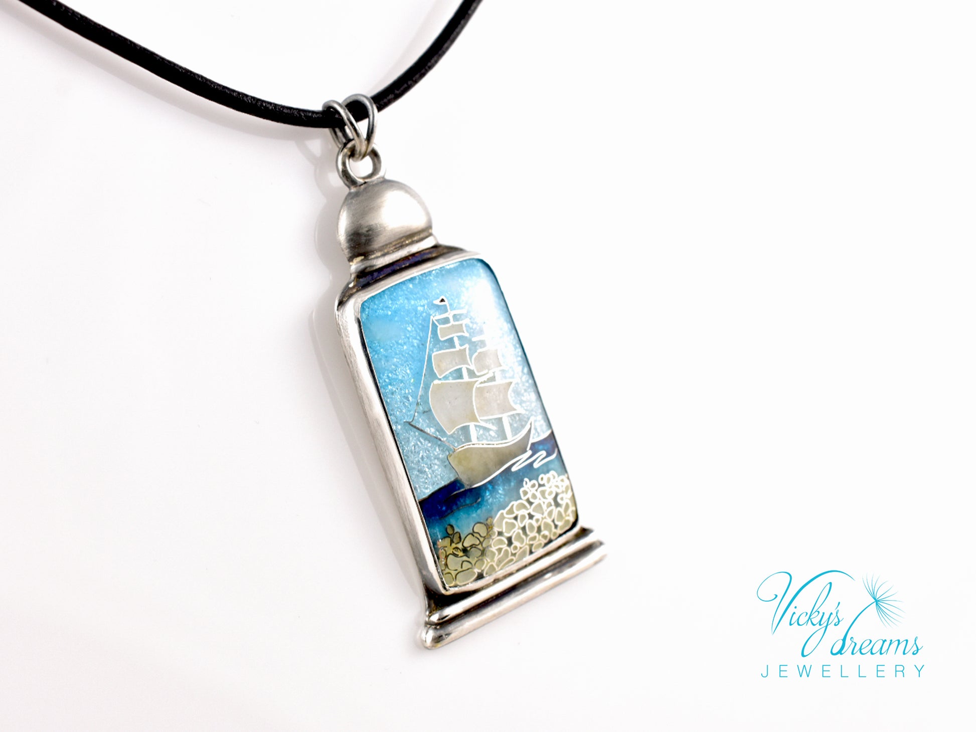 Bright blue Cloisonné enamel necklace with Sea in the Bottle design