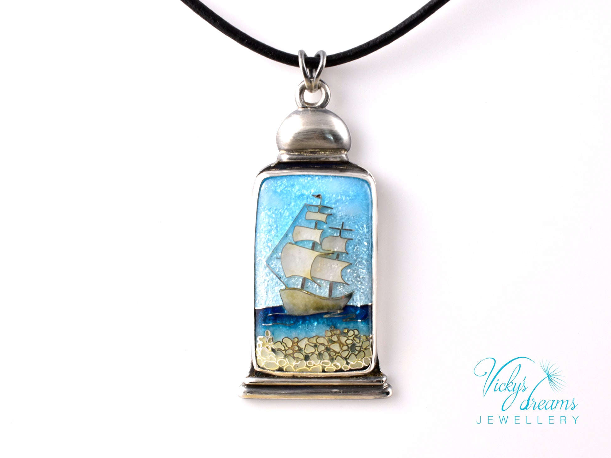 Bright blue Cloisonné enamel necklace with Sea in the Bottle design