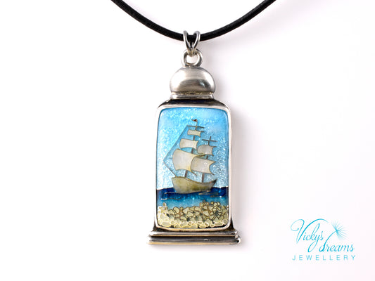 Bright blue Cloisonné enamel necklace with Sea in the Bottle design