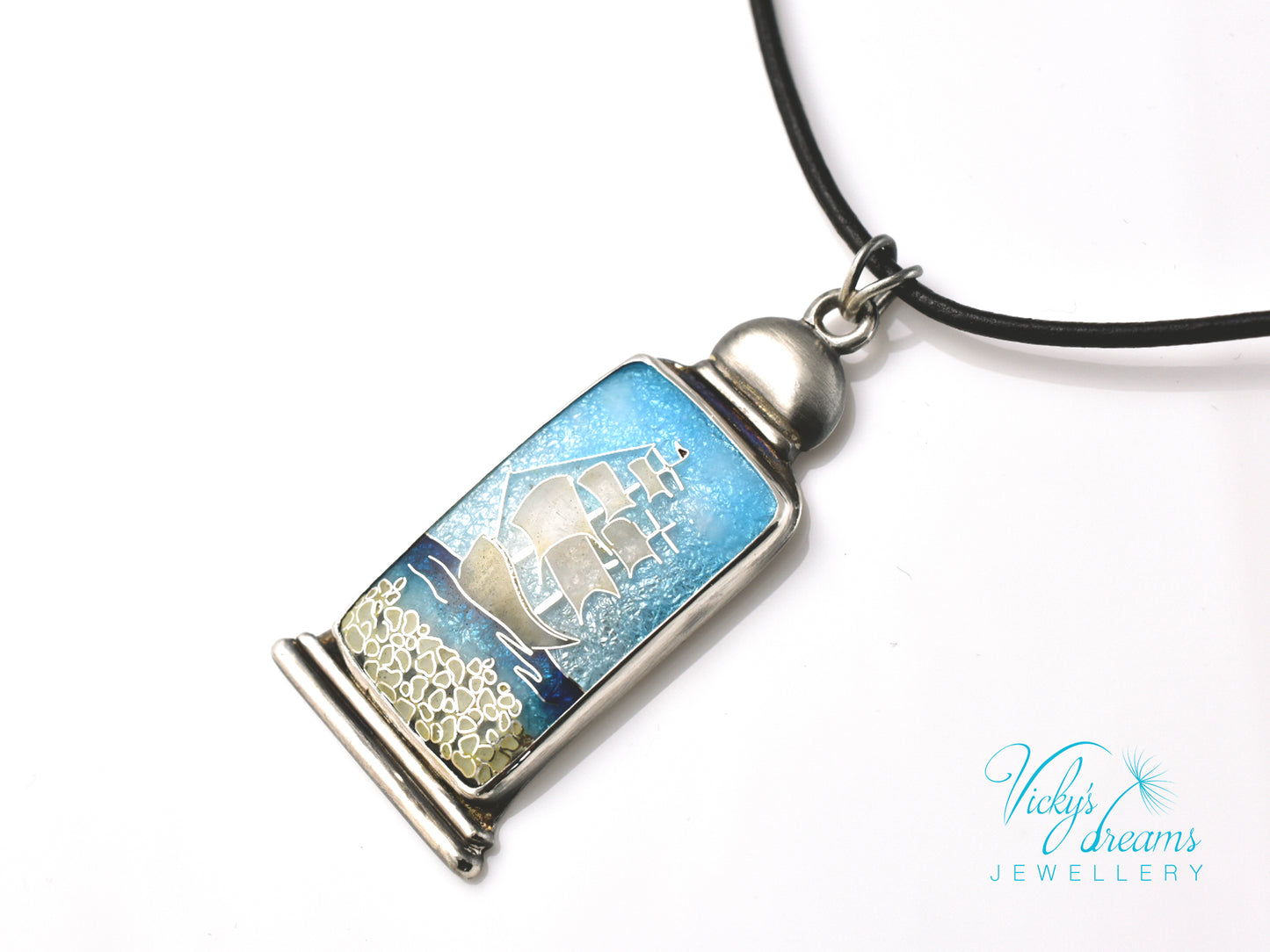 Bright blue Cloisonné enamel necklace with Sea in the Bottle design