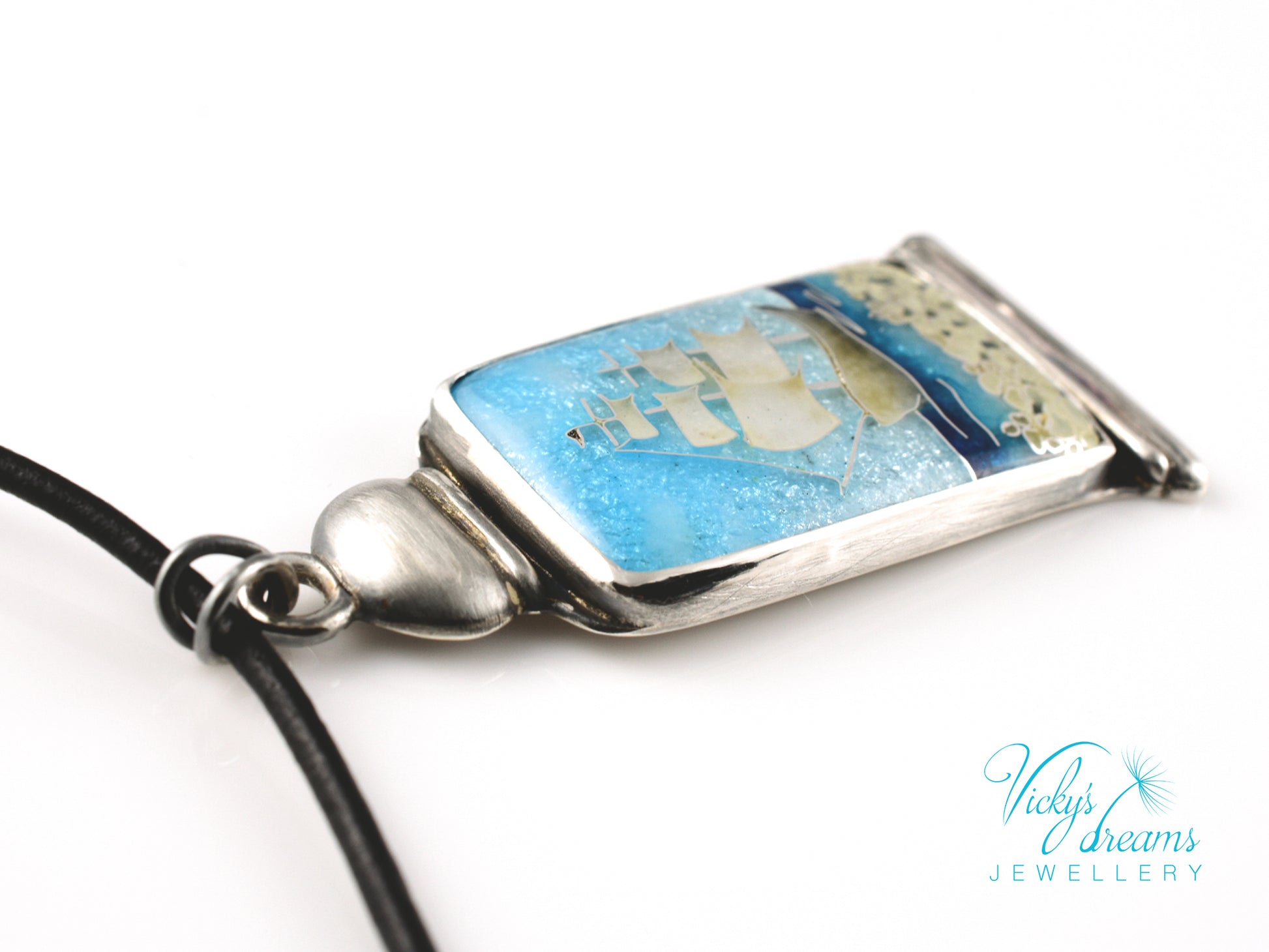 Bright blue Cloisonné enamel necklace with Sea in the Bottle design